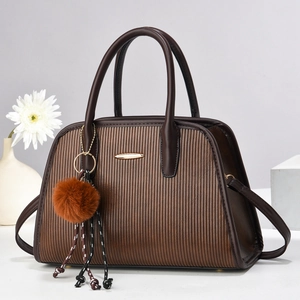 Chic dark brown leather handbag with vertical embossed texture and floral decor