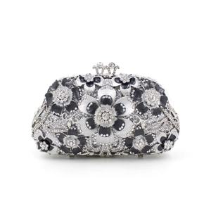 Elegant floral rhinestone evening clutch bag with crown clasp in black and white finish