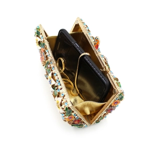 Golden rhinestone evening clutch with colorful enamel flowers and metal chain strap