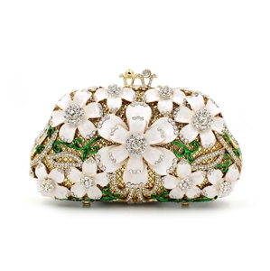 Evening Clutch Bag Metal Rhinestone Enamel Floral Hollow Crown Clasp Luxury Vintage Wedding Party Banquet Handbag
