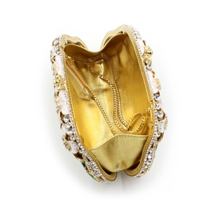 Golden flower evening clutch bag with rhinestones and crystals including a chain strap