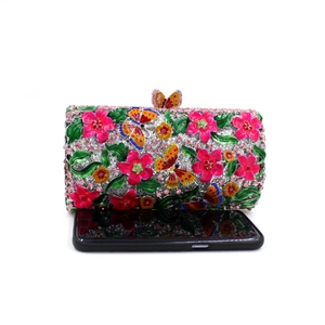 Exquisite floral evening clutch with colorful crystals and enamel butterfly details