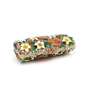 Elegant floral evening clutch with colorful crystals and butterfly enamel in gold finish