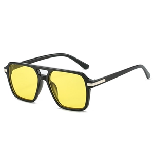 Classic double bridge square aviator sunglasses with black frame and yellow lenses