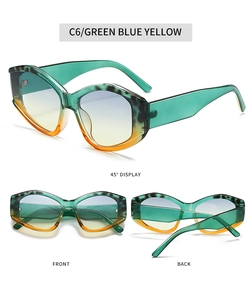 Detailed views of polygon sunglasses with green frames and blue-yellow gradient lenses