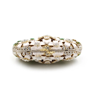 Detailed view of the intricate flower crystal pattern and sparkling rhinestone inlay