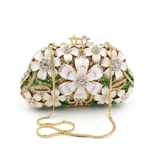 Exquisite gold evening clutch with 3D white flowers, crystals, and detachable chain strap