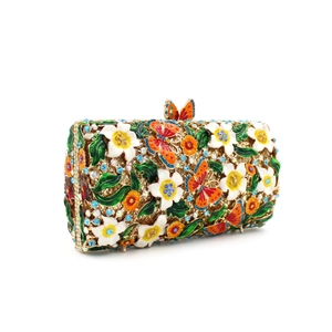 Elegant gold metal evening clutch with enamel flowers and crystal butterfly design
