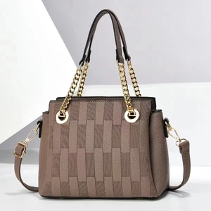 Chic mocha brown cross-body bag with woven texture and gold chain handle