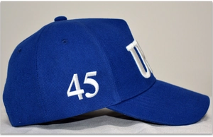 Detailed embroidery of numbers 45 and letters on side of blue cotton baseball cap