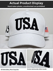 Detail of 3D USA embroidery and American flag patch on white cotton baseball cap