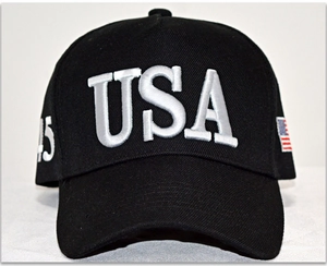 Detailed close-up of 3D embroidery showing USA text and 45 logo on black cotton cap
