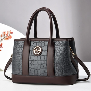 Elegante borsa a mano in finta pelle marrone e grigia con chiusura a scatto dorata
