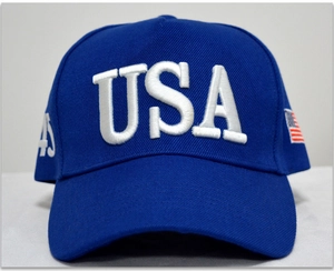 Detail of USA embroidery and 45 flag patch on blue cotton twill baseball cap