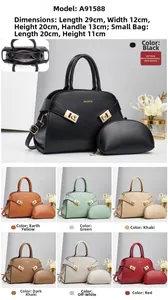 Detailed view of 2-piece shell handbag set including dimensions and various color options
