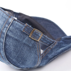 Unisex washed denim beret with adjustable metal buckle and classic stitch texture