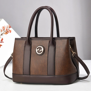 Deep brown textured tote bag for women with golden logo and detachable shoulder strap