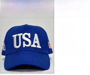 Detail of navy blue baseball cap featuring 3D USA embroidery and 45th election flag patch