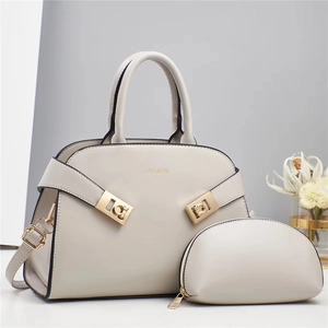 Fashionable beige macaron tote bag set with matching small pouch and golden hardware