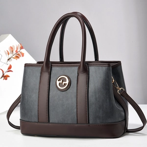 Elegant two-tone brown and grey women's tote bag with vertical texture and gold logo