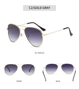Detailed views of gold metal aviator sunglasses with gradient grey lenses from three angles