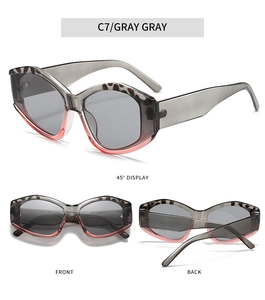 Detail of gradient grey and pink polygon sunglasses with leopard print and multi-angle views