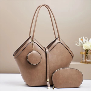 Chic 3-piece khaki tote bag set with round charm and pouch in premium PU leather