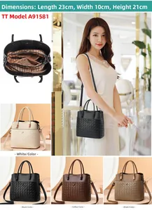 Detailed size specifications and interior compartments of the woven leather tote bag
