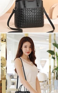 Detail showing high-quality black woven PU leather texture and adjustable shoulder strap