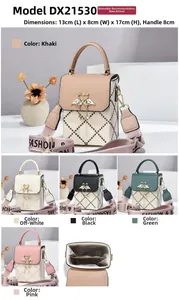 Detailed size chart and multi-color options of quilted mini bag with swan buckle