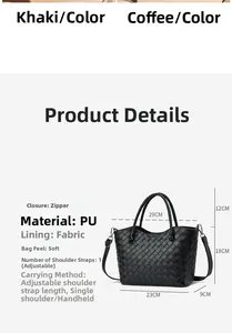 Tabella taglie dettagliata per borsa nera in pelle PU intrecciata con misure dei cinturini