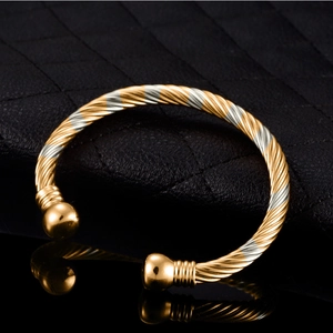 Adjustable two-tone magnetic therapy copper bangle with twisted rope design and gold beads