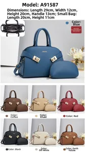 Detail view of two-piece women's handbag set featuring litchi grain PU leather and metal locks