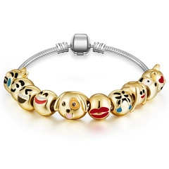 Silver snake chain bracelet with golden emoji charms featuring colorful enamel details