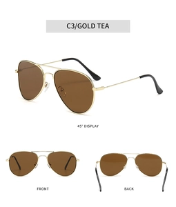 Three-view display of vintage aviator sunglasses in gold metal frame and tea lenses