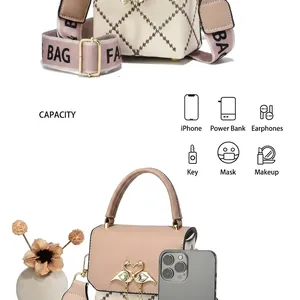 Mini beige quilted PU leather handbag with pink logo strap showing dimensions 13x8cm