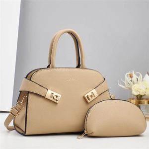 Minimalist light brown lychee leather handbag set with gold hardware and small coin pouch