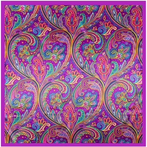 Purple bohemian paisley silk square scarf with colorful floral patterns and smooth satin finish