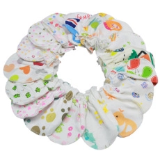 Circle of patterned cotton baby mittens with elastic cuffs and cute cartoon prints