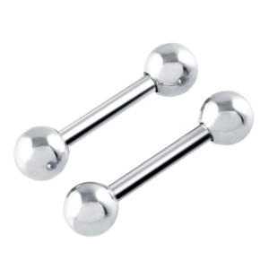 Polished silver barbell studs for cartilage piercing shown in a symmetrical macro view