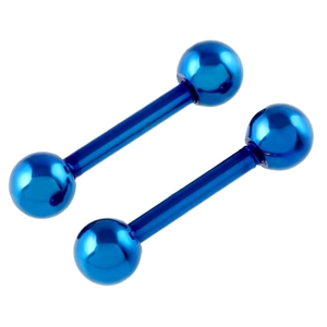 Pair of electric blue stainless steel barbell body piercing studs for tongue or nipple
