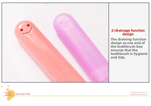 Detail of pink and purple travel toothbrush cases with smile-shaped drainage holes