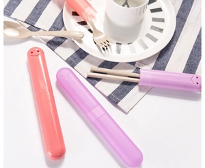 Pink and purple portable wheat straw cutlery set with smiley case and napkins