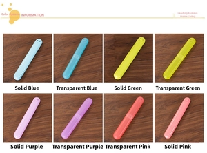 Matrix display of multi-colored portable toothbrush cases in solid and clear plastic