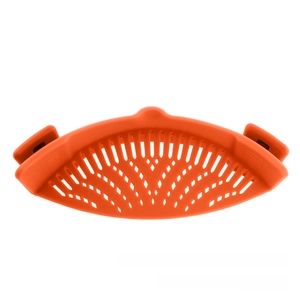 Close-up of orange silicone pot strainer with fine mesh and secure spring clips