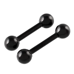 Pair of black surgical steel barbell piercings with dual spherical ends for body jewelry