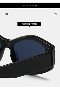 Close-up of thick polygon textured frame and premium finish of black sunglasses