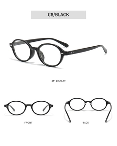 Three-angle view of oval Y2K black sunglasses showing front, back, and 45-degree angles