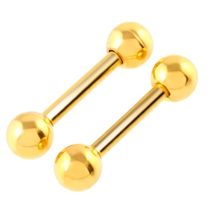 Pair of gold stainless steel barbell piercings with smooth polished finish balls