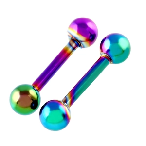 Rainbow surgical steel barbell piercings with colorful anodized finish on white background